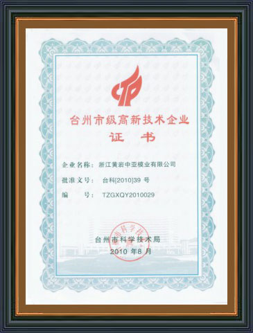 Certificat d'entreprise de haute technologie de niveau Taizhou